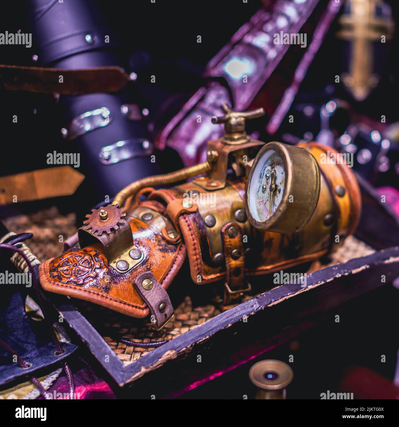 A closeup of a vintage barometer in the style of steampunk Stock Photo