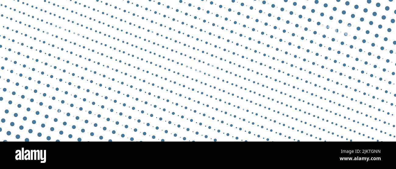 Blue halftone dot texture overlay on white wide background. Abstract halftone pattern. Halftone dots on white banner. Vector illustration Stock Vector