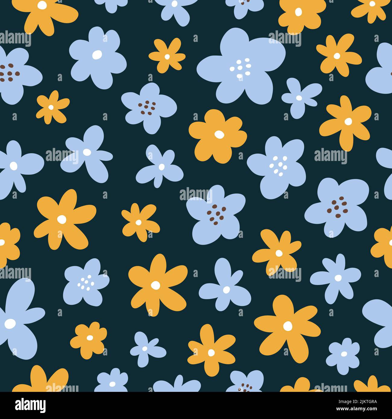 Cute seamless pattern with yellow and blue flowers on dark background ...