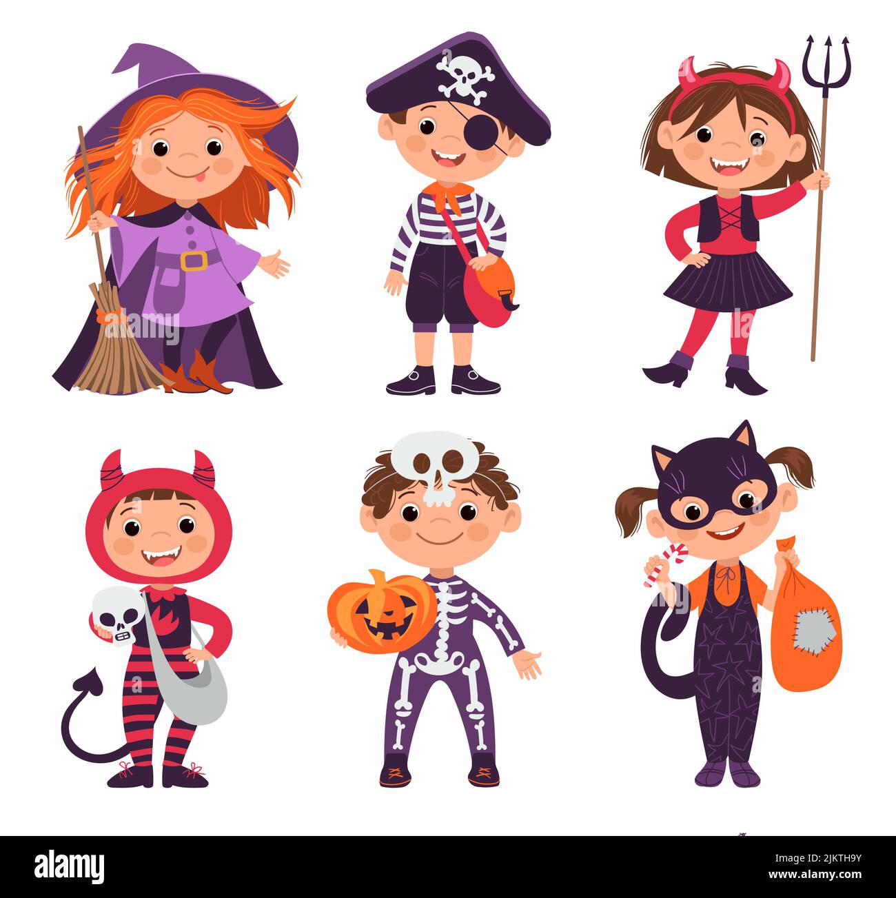 Trick or treating kids. Children characters in Halloween costumes ...