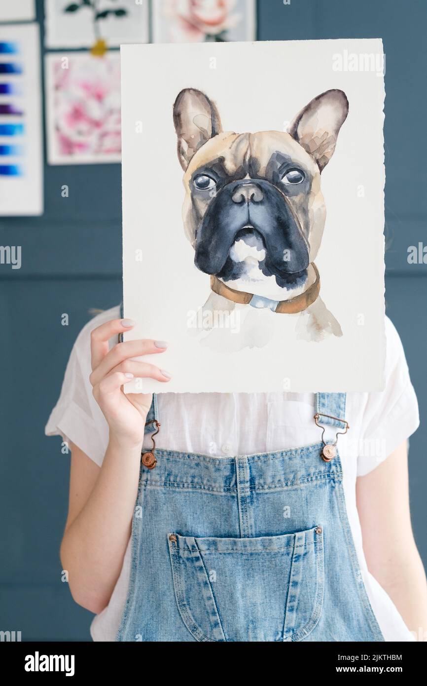 art painting picture dog drawing french bulldog Stock Photo