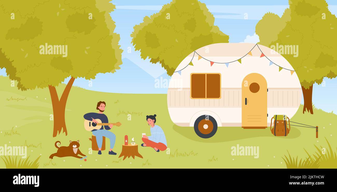 Summer camping, picnic in forest near camper van vector illustration. Cartoon campsite place with couple, man playing guitar, girl drinking coffee background. Wanderlust, vanlife, vacation concept Stock Vector