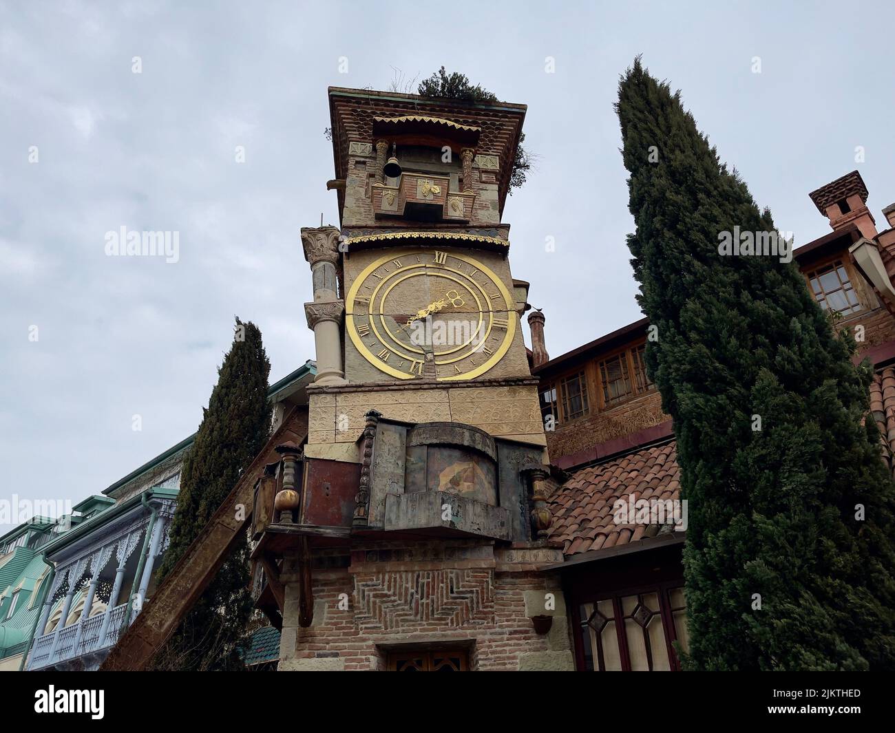 A low angle shot of the historic Tbilisi Clock Tower in Stock