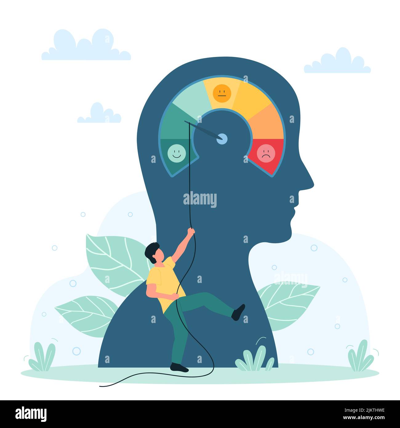 Therapy, psychology, support and coaching vector illustration. Cartoon tiny man pushing arrow of stress level meter in abstract human head to reduce emotional overload, overexertion and depression Stock Vector