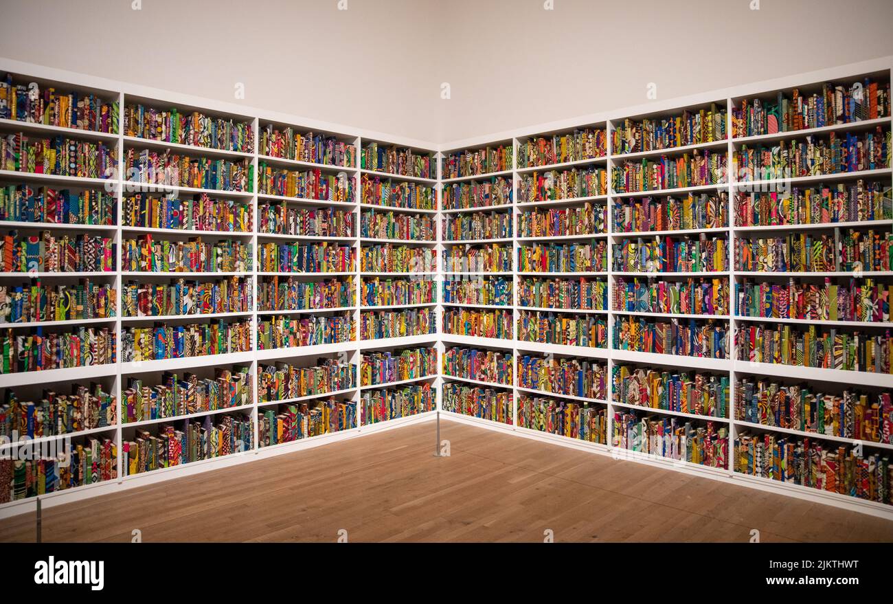 The British Library installation by Yinka Shonibare in the Tate Modern museum. Stock Photo