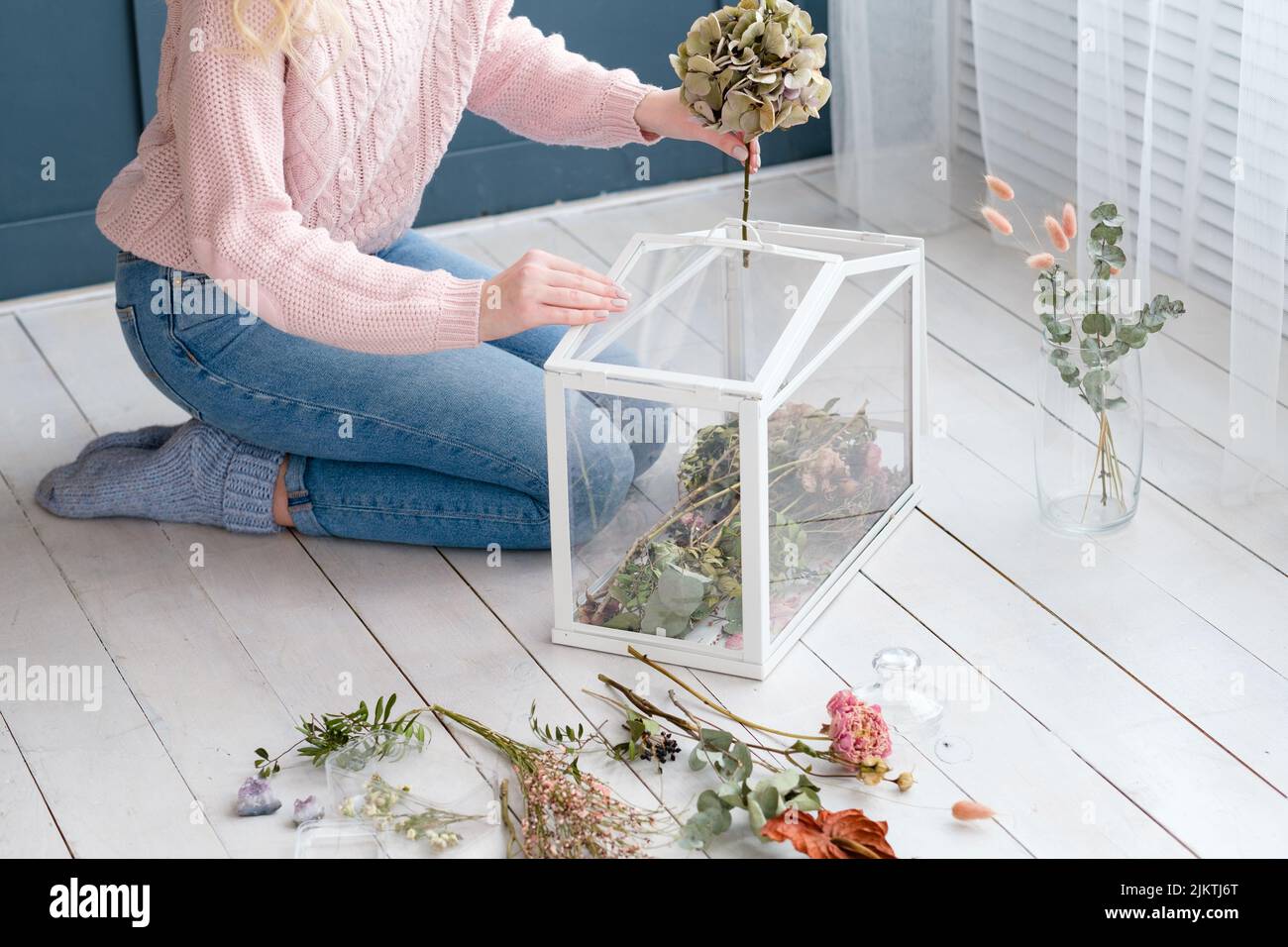 dried flower arrangement glass box room decor Stock Photo Alamy