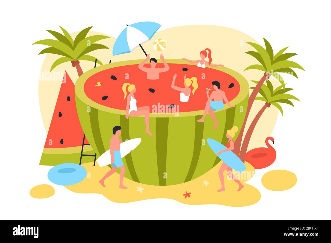 Summer fun pool party of funny tiny people in huge watermelon vector illustration. Cartoon characters play ball and drink cocktail, sunbathing, swimming and surfing inside juicy watermelon summertime Stock Vector