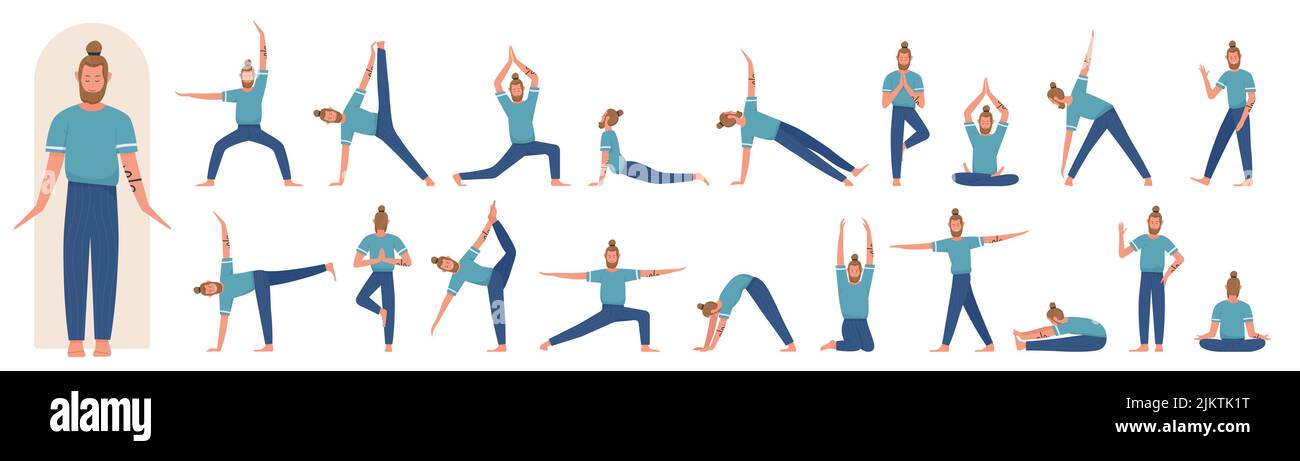 Male yoga trainer poses in front, side and back view, pilates workout set vector illustration. Cartoon Male yoga trainer poses in front, side and back view, pilates workout set vector illustration. Cartoon