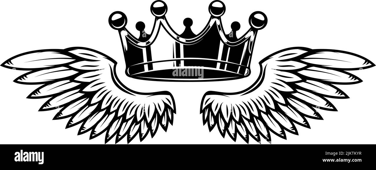 Illustration of king crown and wings in monochrome style. Design