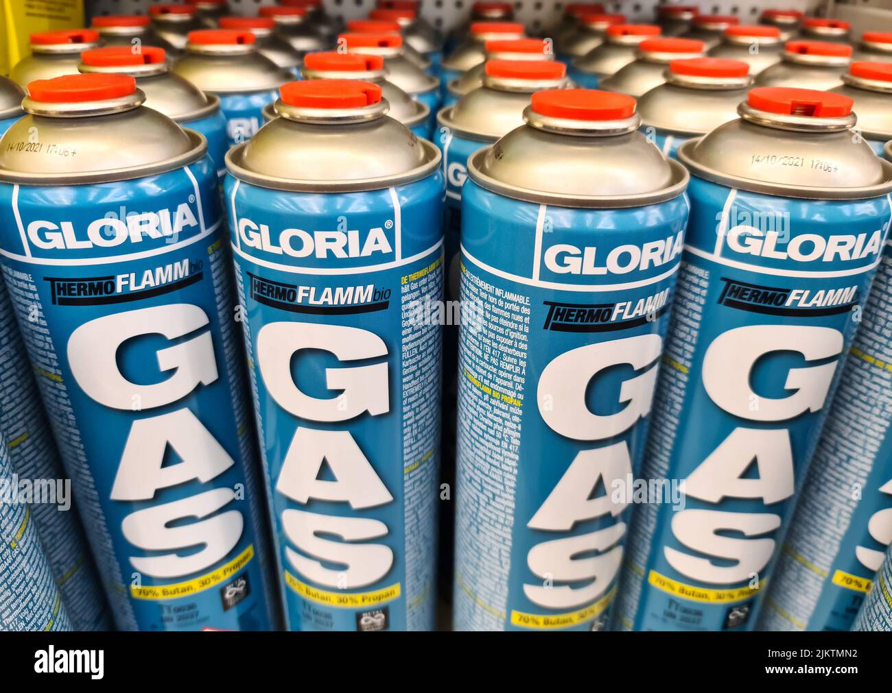 A closeup of gas cans with Gloria company inscription. Stock Photo