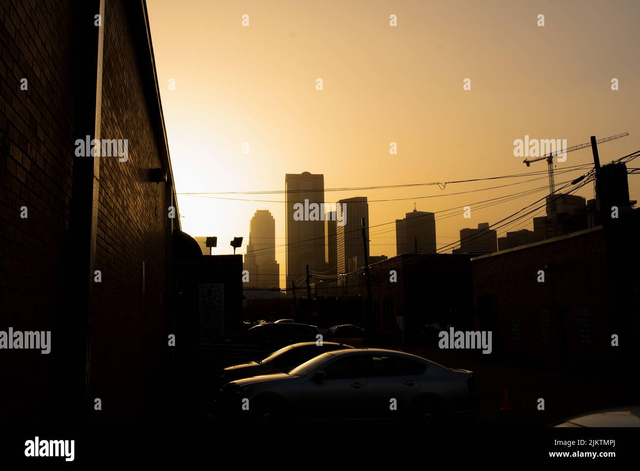 The Silhouette of Downtown Dallas Skyline at Golden Hour Stock Photo