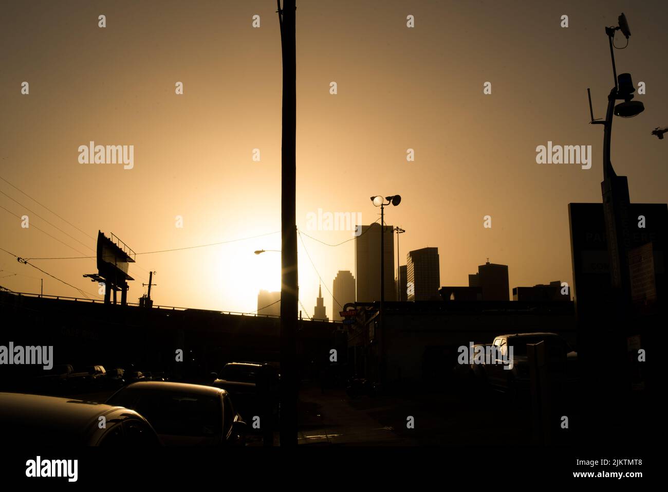 The Silhouette of Downtown Dallas Skyline at Golden Hour Stock Photo