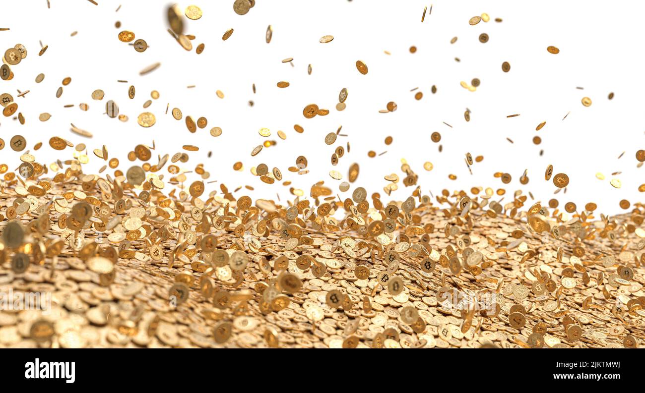 rain of gold bitcoin coins isolated on white background. 3d render Stock Photo