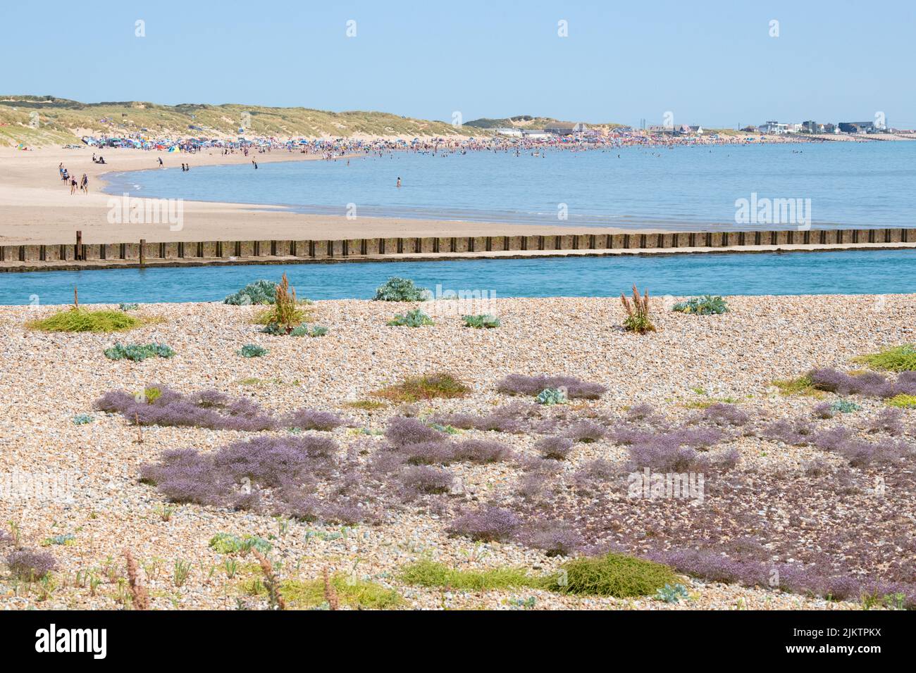 Camber Sands in summer  viewed across the River Rother from Rye Harbour Nature Reserve, Rye, Sussex, England, UK Stock Photo