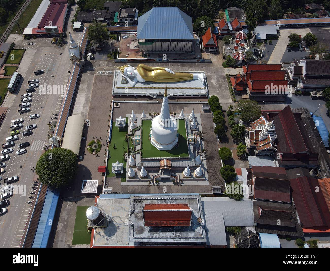 An aerial view of the Wat That Noi temple in Thailand with the reclined Buddha statue next to it Stock Photo