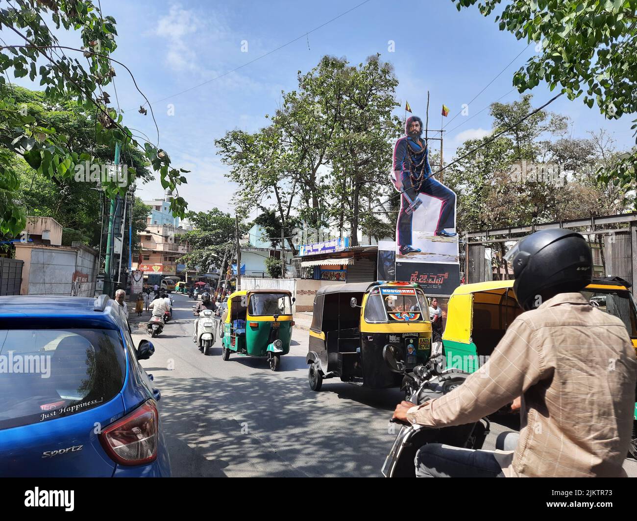 Bangalore, Karnataka, India-Apr 12, 2022: Closeup of Rocking Star Yash Sandalwood famous actor cutout in front of the Srinivasa theater during KGF Cha Stock Photo