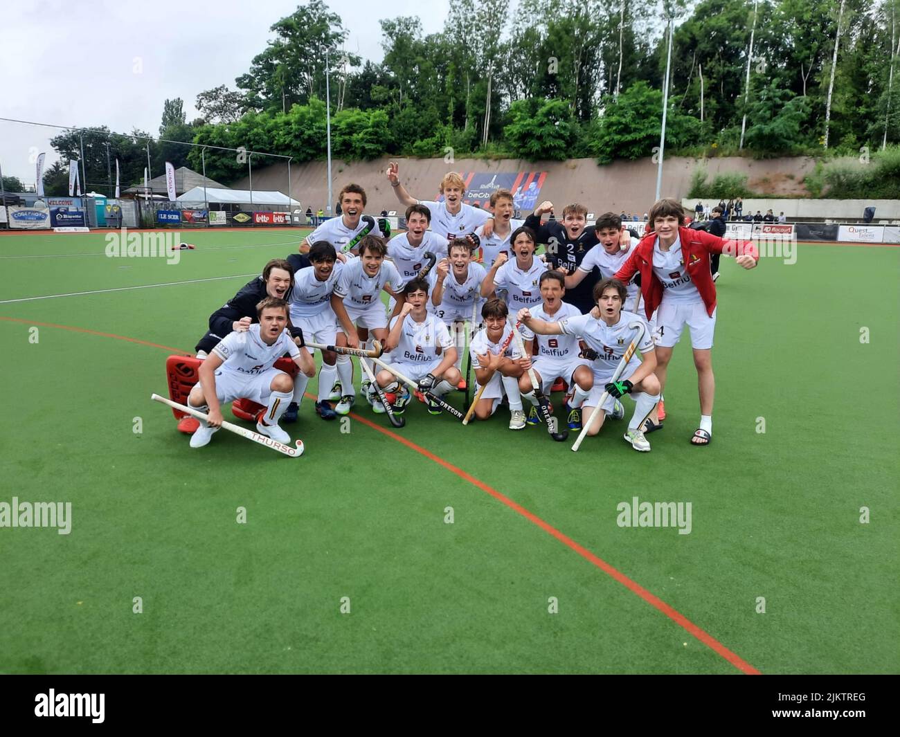 The Belgian national hockey team U16 won their match against Germany on the 6-nation tournament in Liege, Belgium. Stock Photo