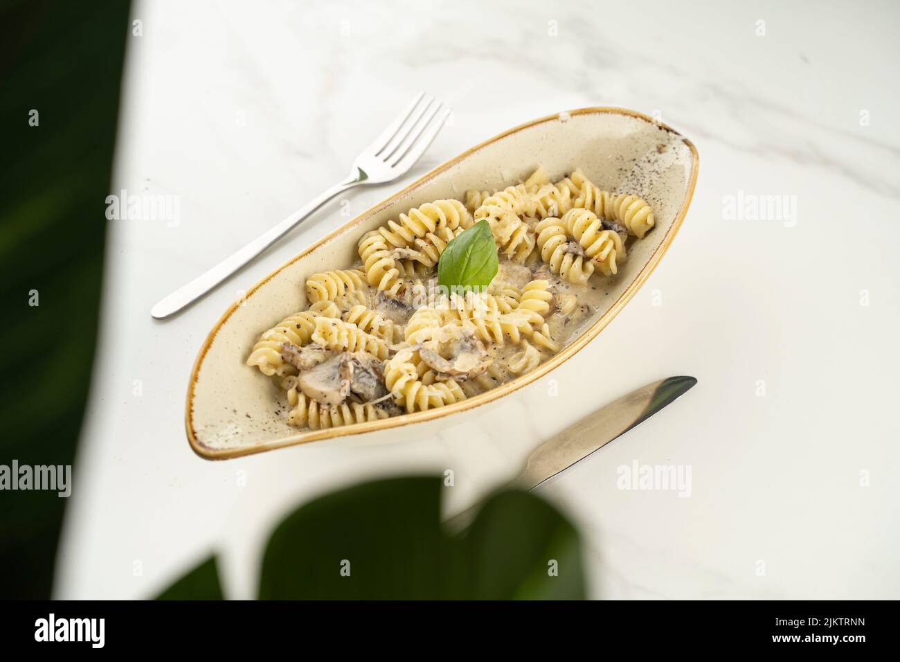 A creamy pasta with mushrooms and basil in an oblong bowl on a marble table Stock Photo
