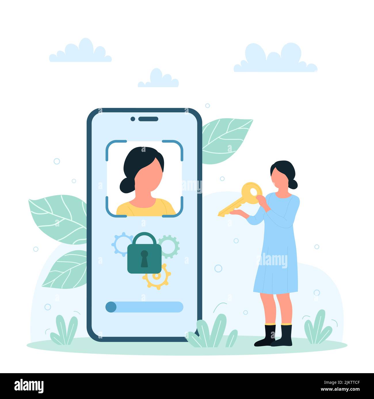 Face recognition for phone, ID and privacy vector illustration. Cartoon tiny woman holding key to lock on screen of smartphone to access user account with personal information, mobile application Stock Vector Image Face recognition for phone, ID and privacy vector illustration. Cartoon tiny woman holding key to lock on screen of smartphone to access user account with personal information, mobile application Stock Vector Image