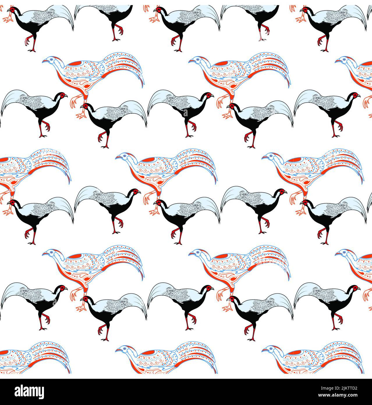 A seamless pattern with colorful pheasant birds on white background Stock Photo