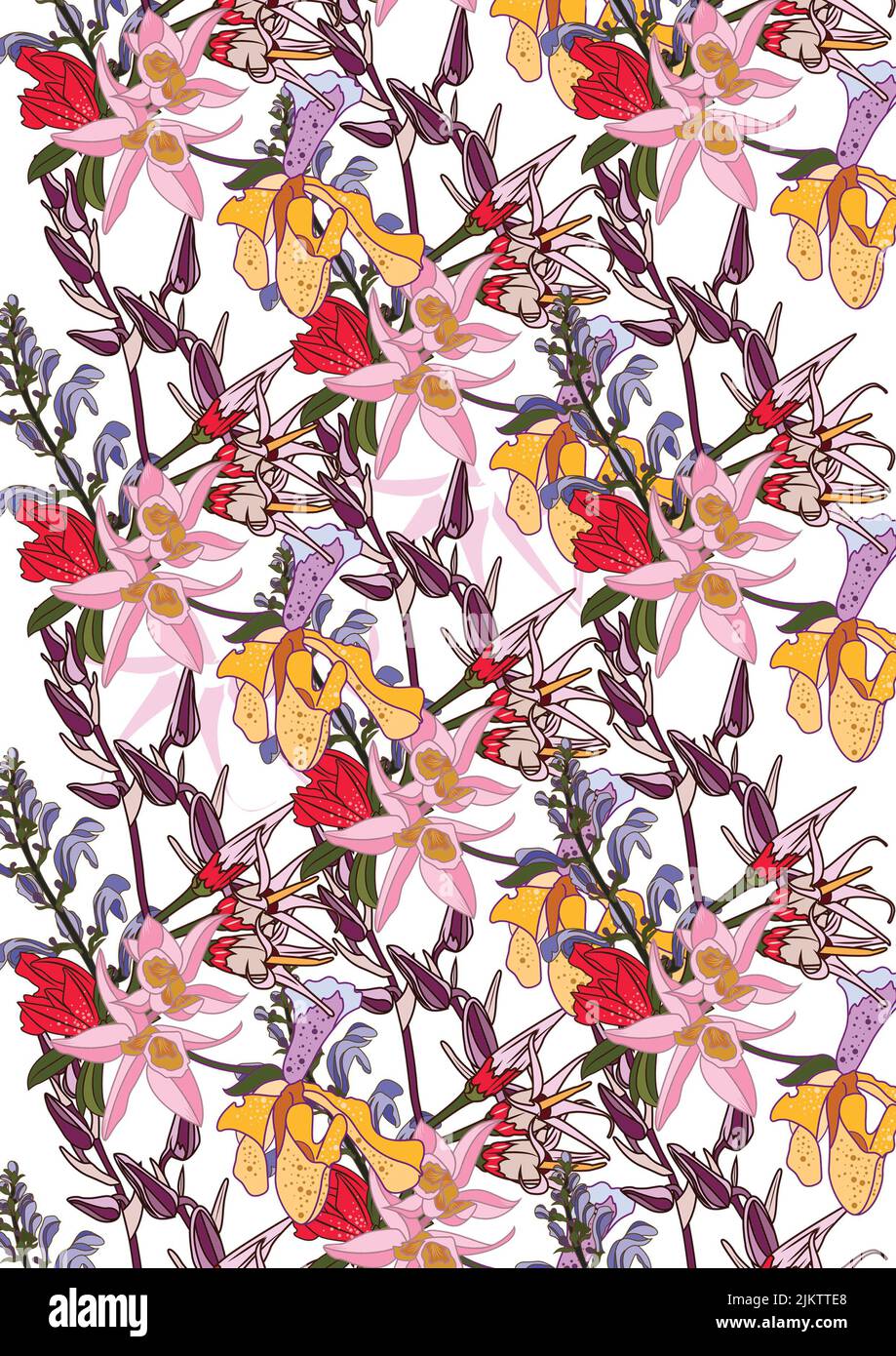 A seamless pattern with colorful flowers on white background Stock ...