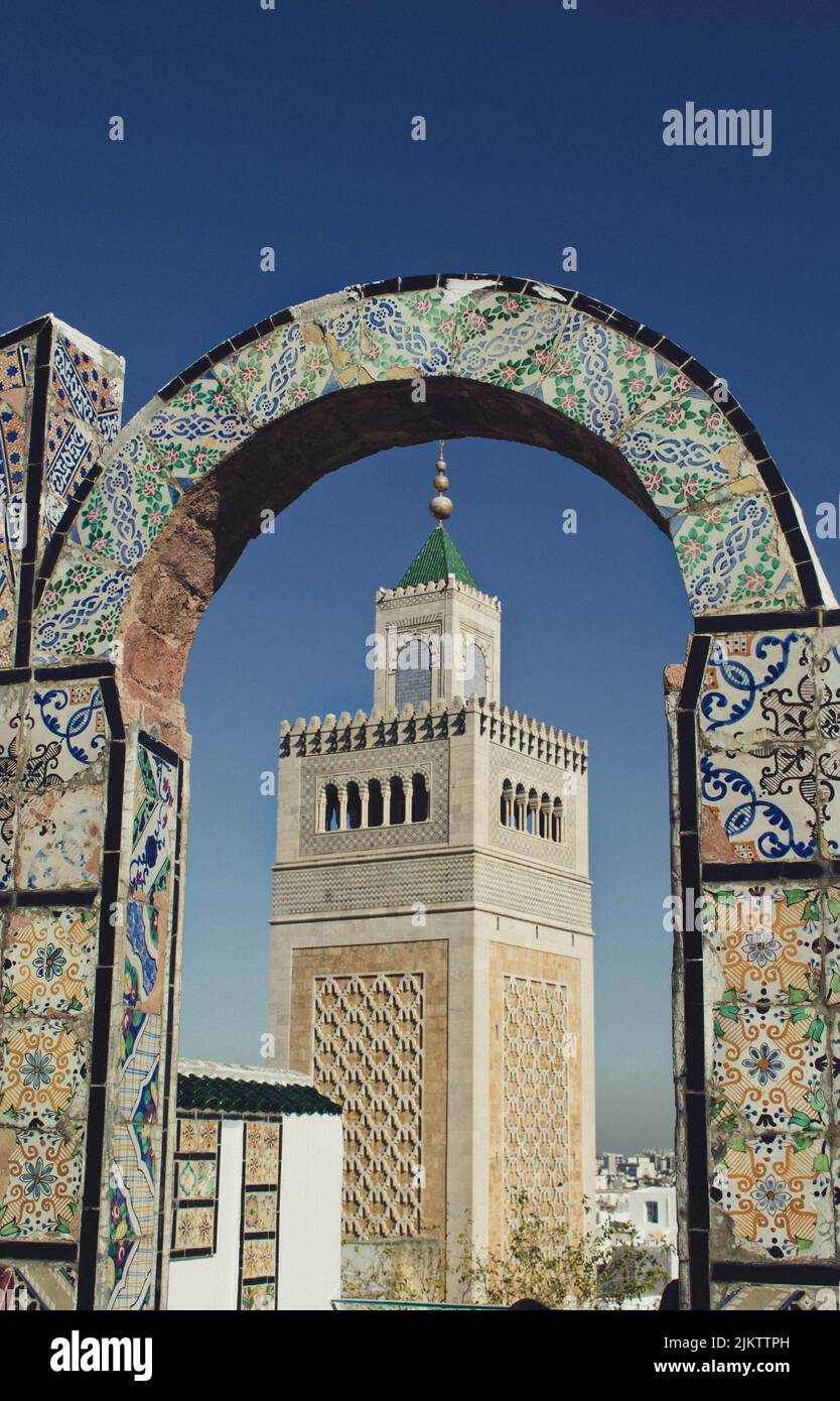 A vertical view of the Tunis Medina with the Great Mosque in the background Stock Photo