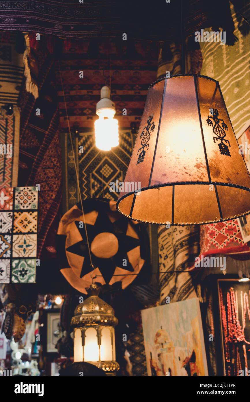 A beautiful lamp with a hanging in a store of vintage and national Tunisian accessories Stock Photo