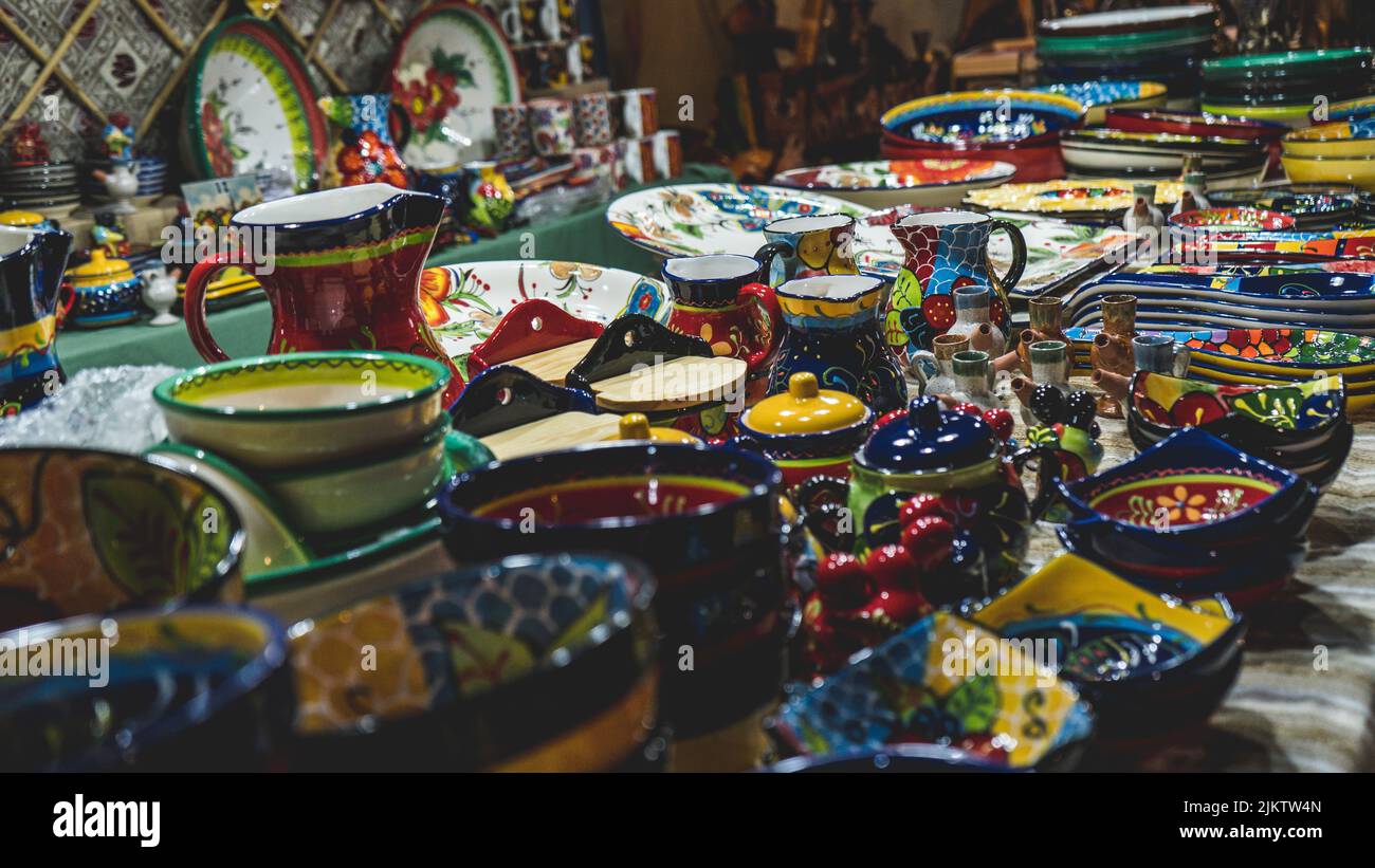 A wide assortment of Arabic and Spanish ceramics at the market Stock