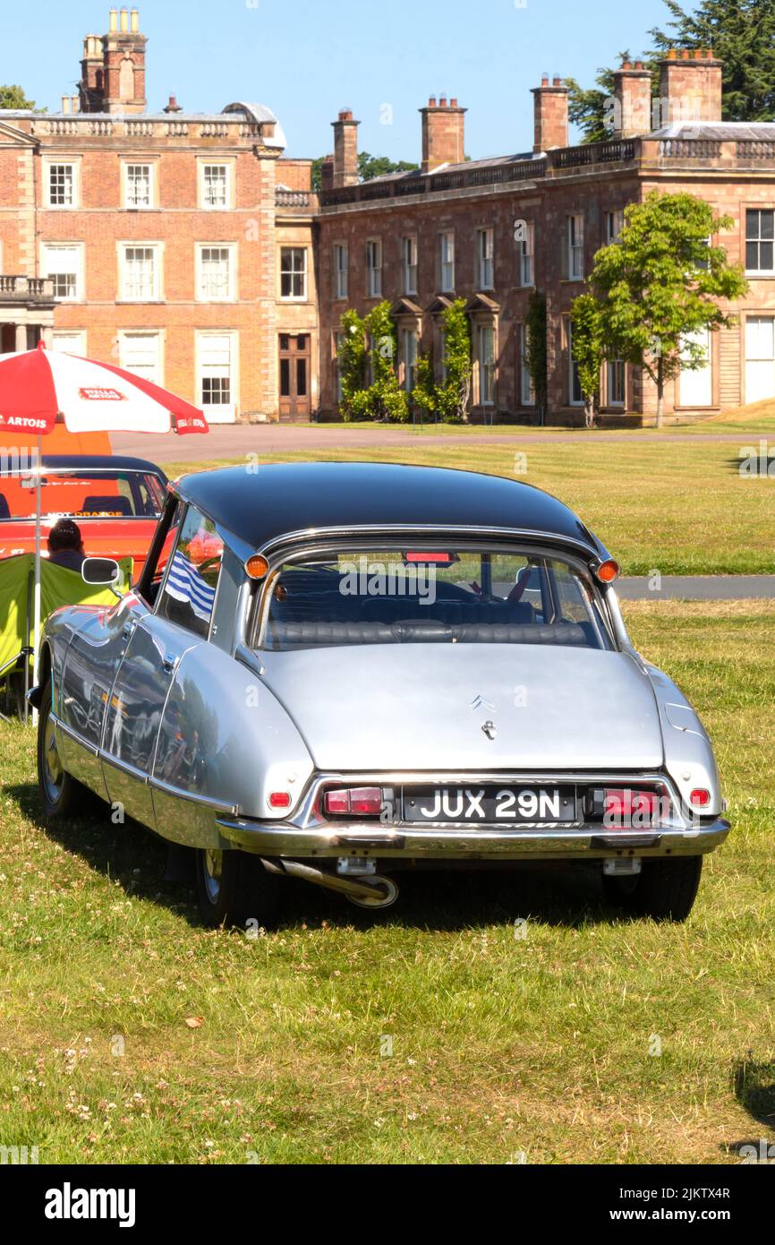 rear view of classic silver vintage Citroen DS at weston park car show Stock Photo