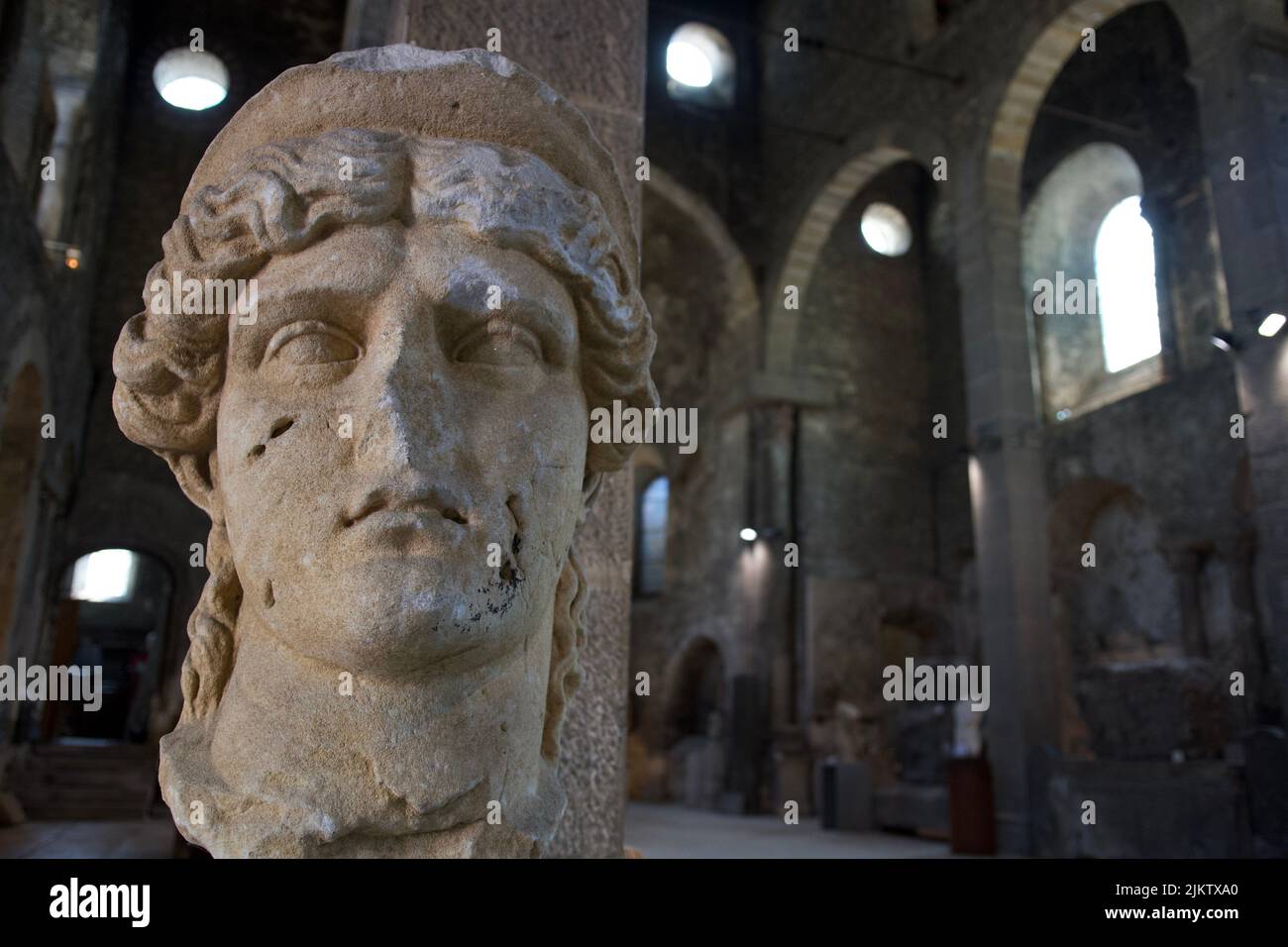 Beautiful marble statue of the head of the Juno Roman goddess dating back to the first century BC. It is located in the Saint Peter Church of Vienne. Stock Photo