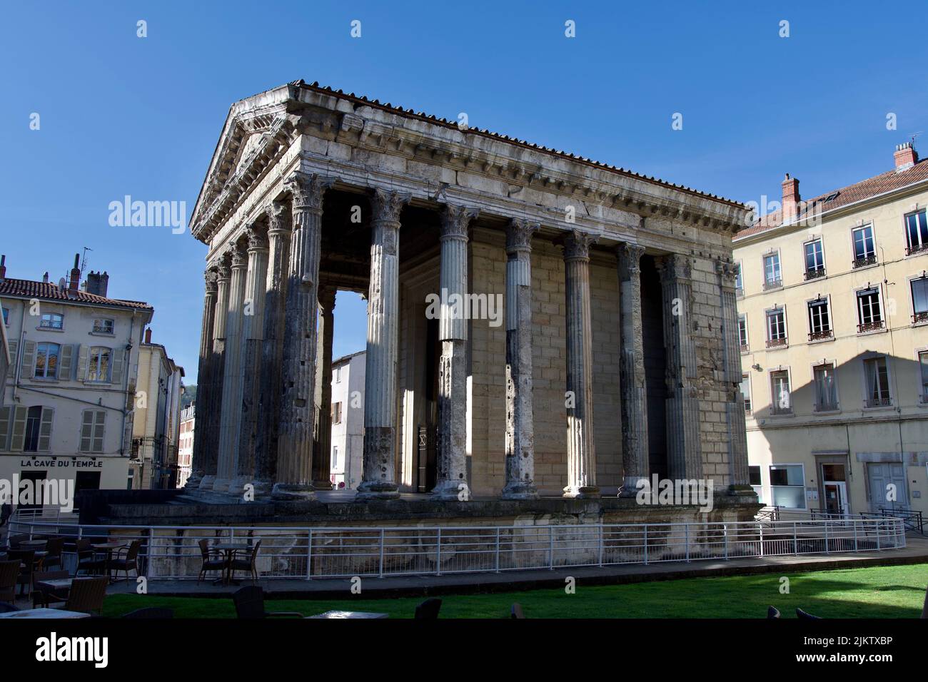 Temple of Augustus and Livia in the morning sun. This  is a Roman temple built at the beginning of the 1st century in Vienne, France Stock Photo