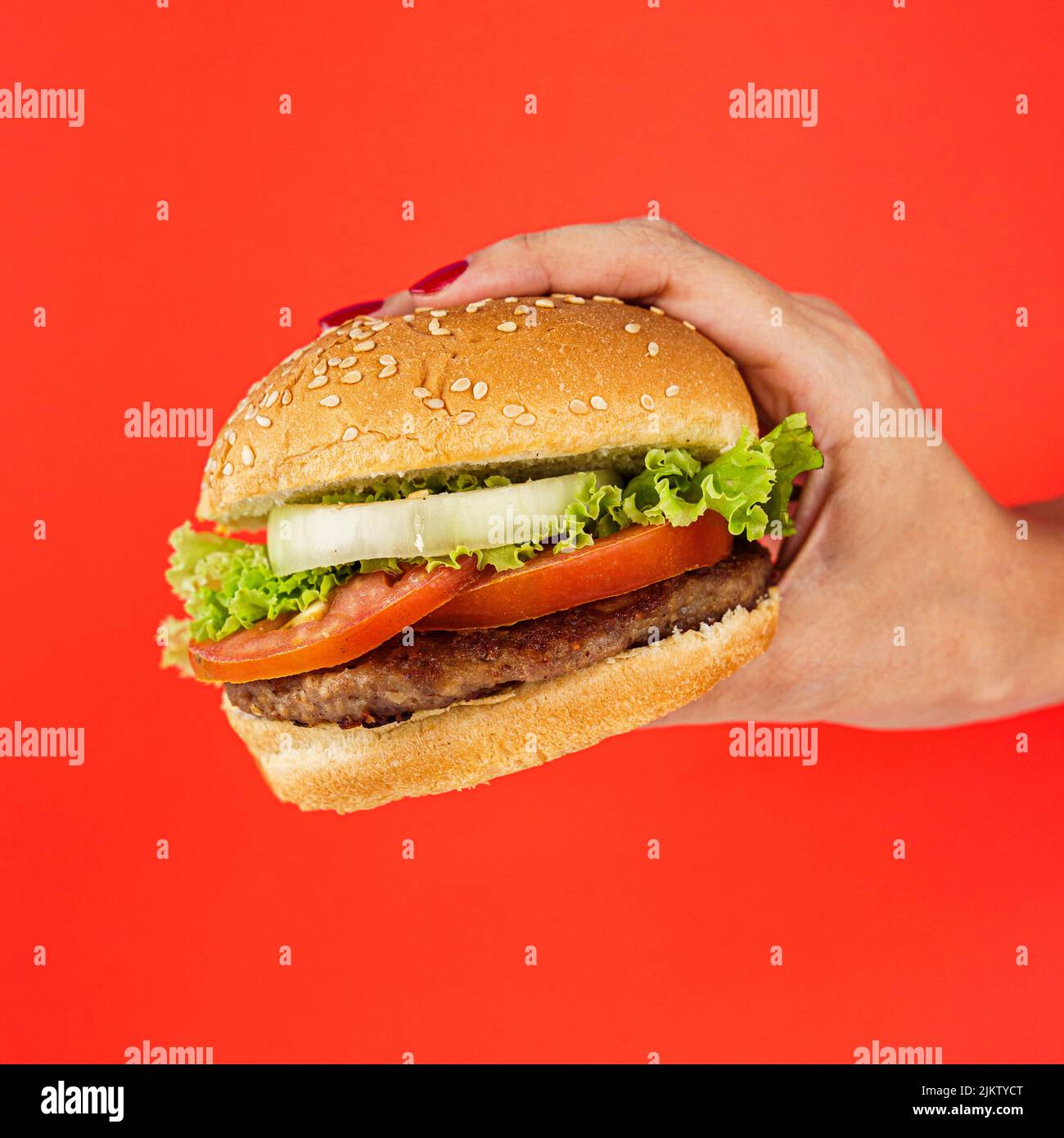 woman hand holding a grilled hamburger on a red background Stock Photo