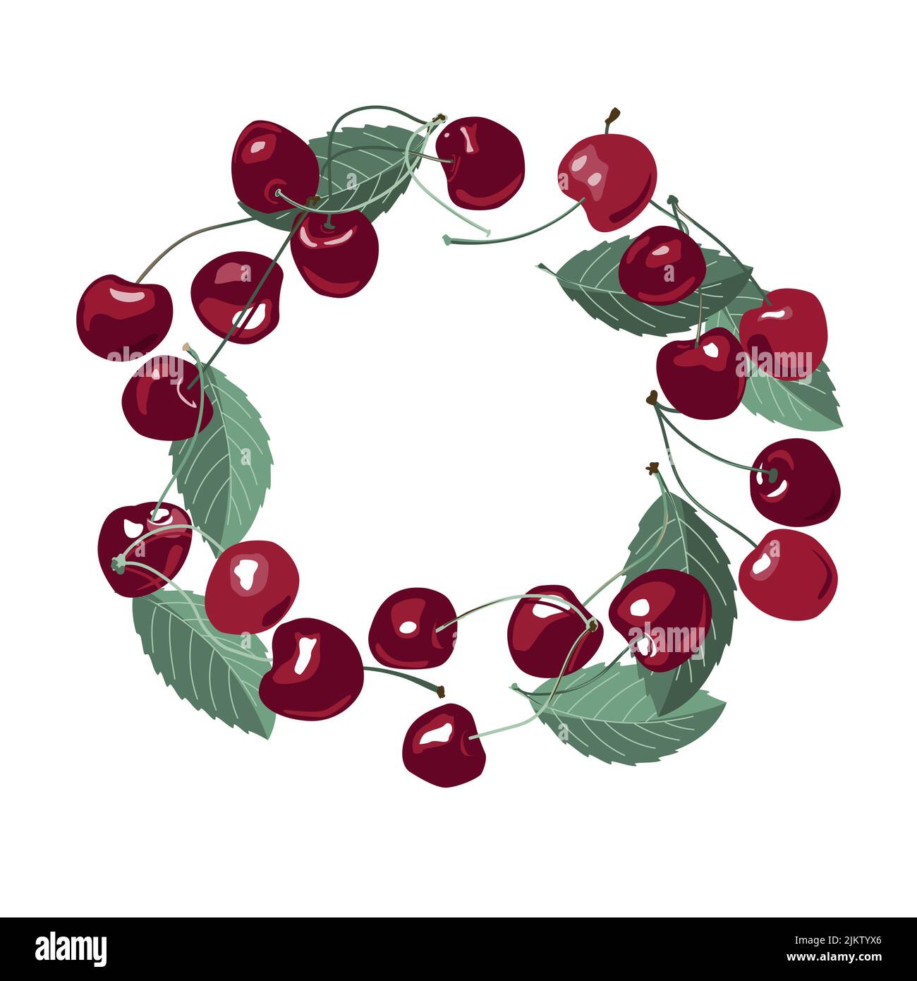 Circle composition with cherry fruits. Berry wreath frame, trendy summer background with cherries and leaves. Vector illustration isolated on white Stock Vector