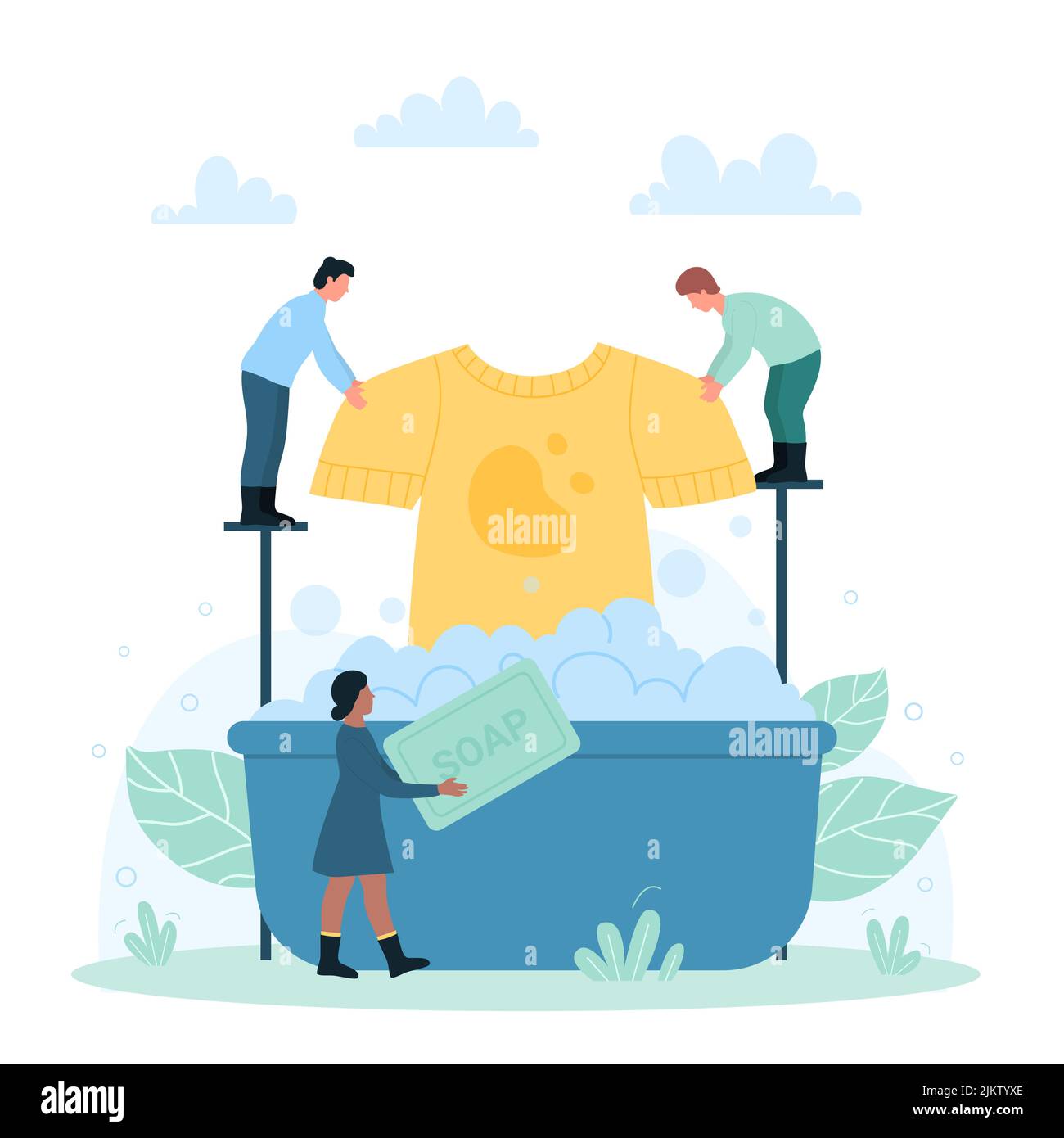 Laundry cleaning service with tiny people. Cartoon man and woman holding  dirty shirt and soap to wash clothes over basin with foam, washing process  flat vector illustration. Housework concept Stock Vector Image