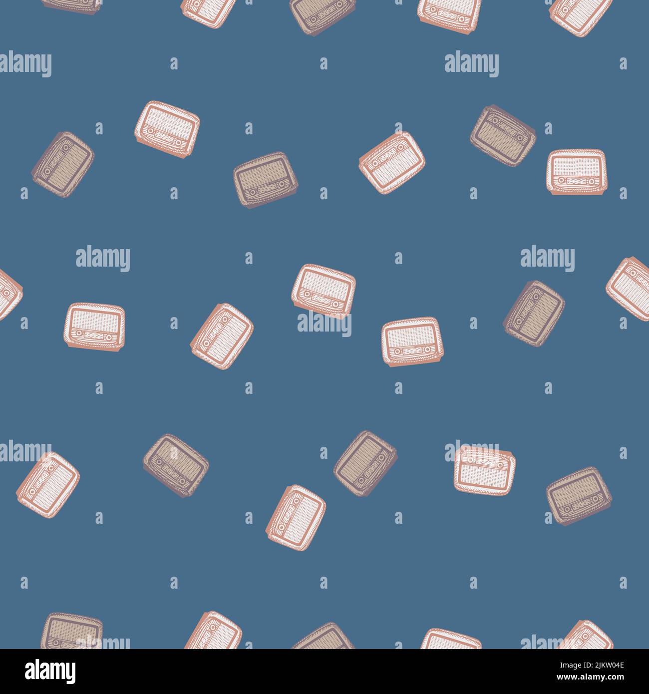 Retro radio engraved seamless pattern. Vintage media equipment in hand