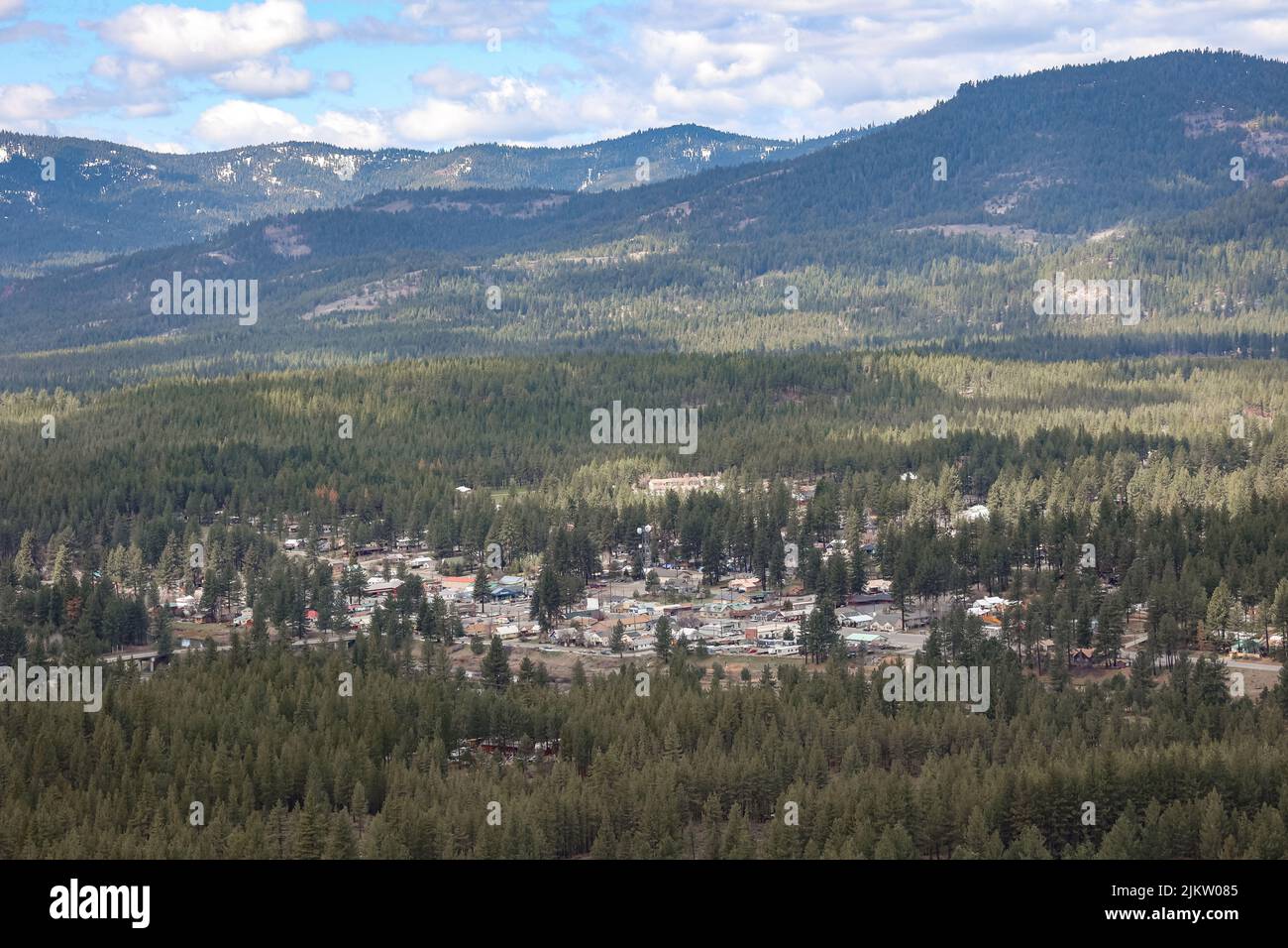 An aerial view of the small mountain town of Portola nestled in the
