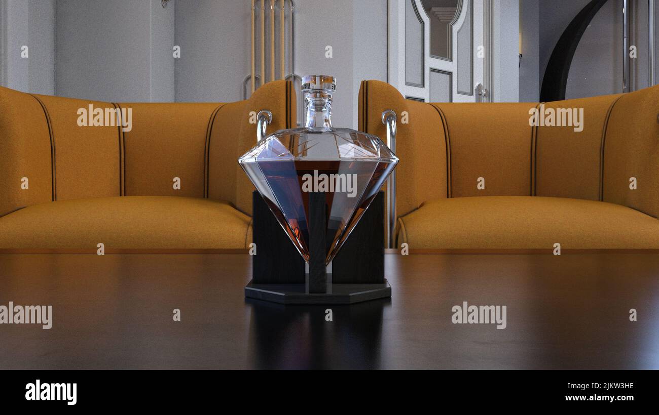 Whiskey decanter on table Stock Photo