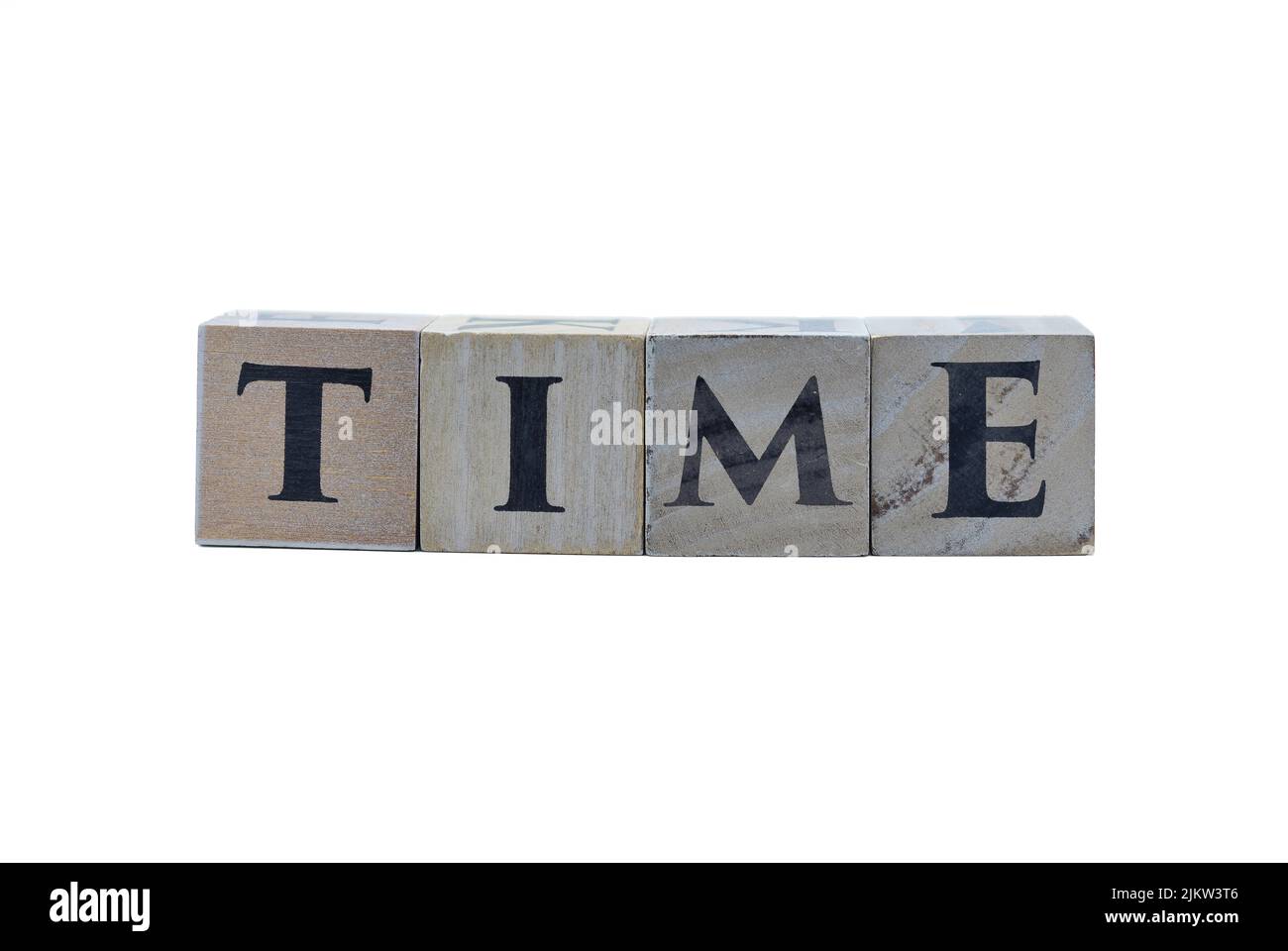Wooden cubes showing the word time on white background, for designs and layouts Stock Photo