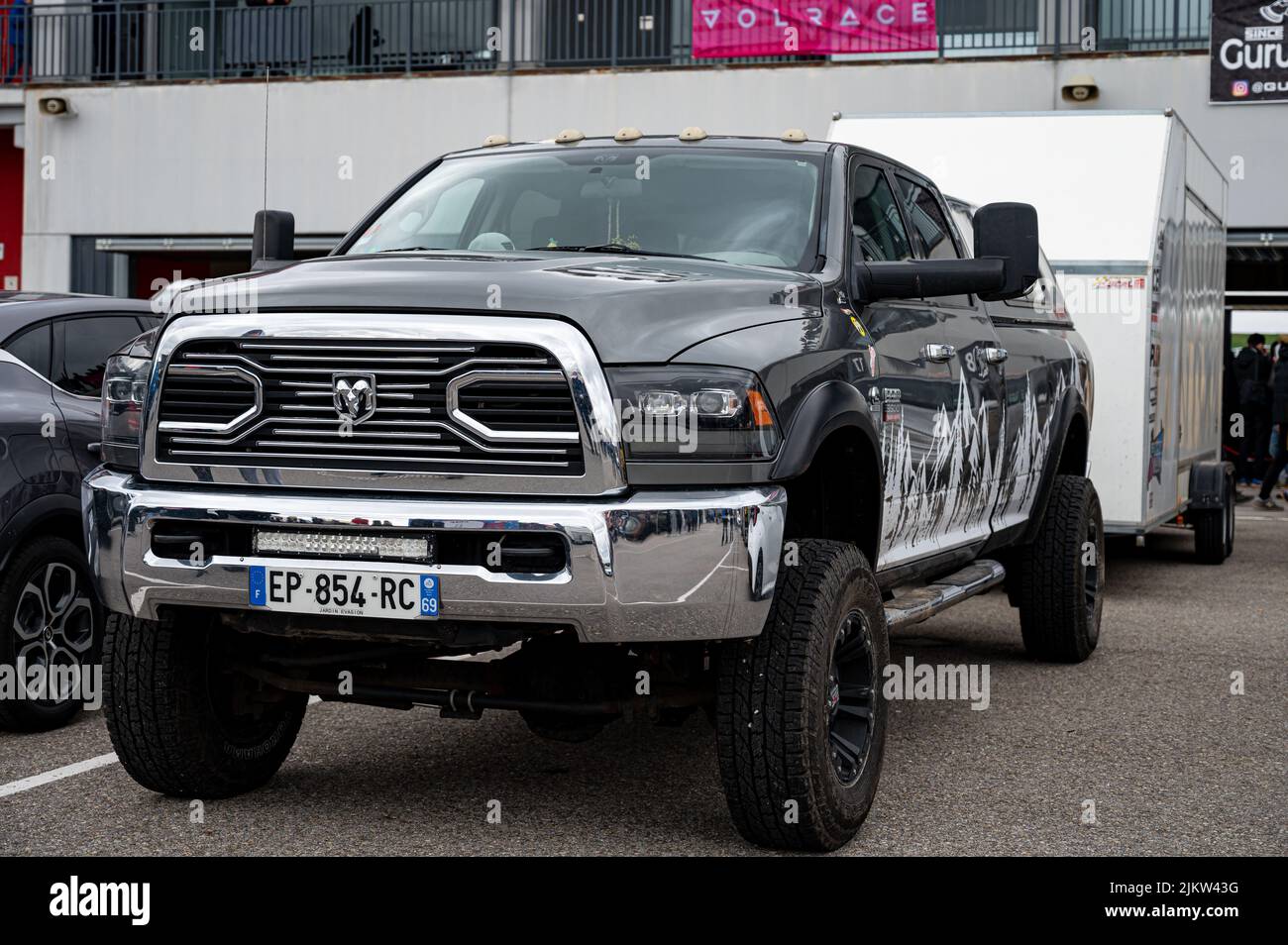 Navarra, Spain; March 6, 2022: Big Black Dodge Ram 3500 Heavy Duty Turbo Diesel Pickup Offroader Stock Photo