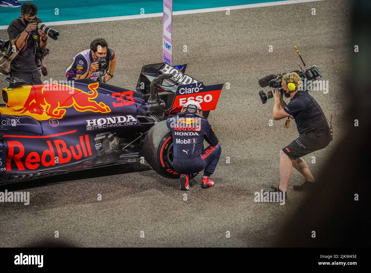 The famous Max Verstappen winning Formula 1 Grand Prix, Abu Dhabi Final 2021, UAE Stock Photo