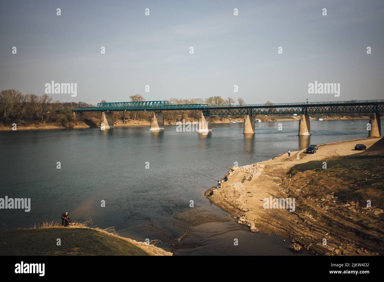 A steel bridge crossing the Sava river at the border between Bosnia and Herzegovina and Croatia Stock Photo