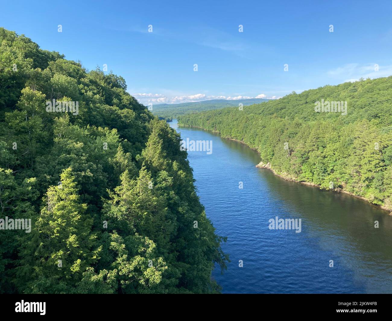 An aerial drone shot of the Connecticut River from French King Bridge Millers Falls