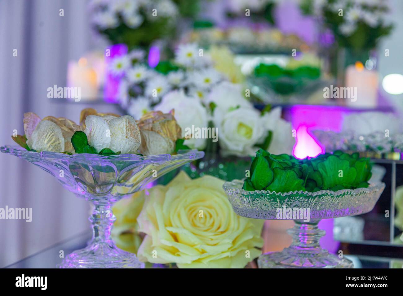 A close-up of flower decoration at the wedding celebration Stock Photo