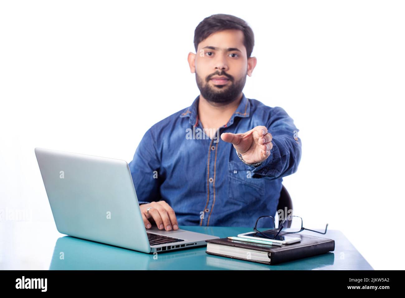 businessman demonstrate something on his empty palm for product Stock Photo