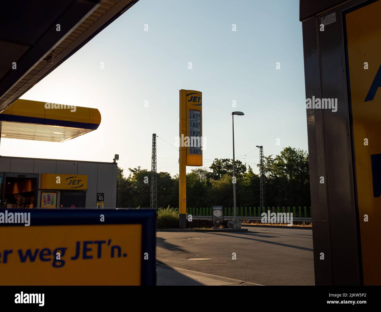 High prices for mobility at a JET gas station. Expensive gasoline and diesel. The inflation is pushing the costs for transportation to a new level. Stock Photo