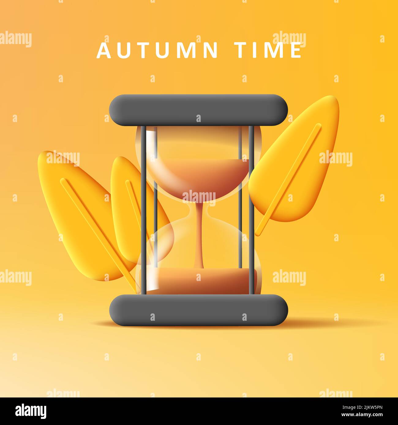3d illustration of transparent glass sand clock with autumn leaves ...