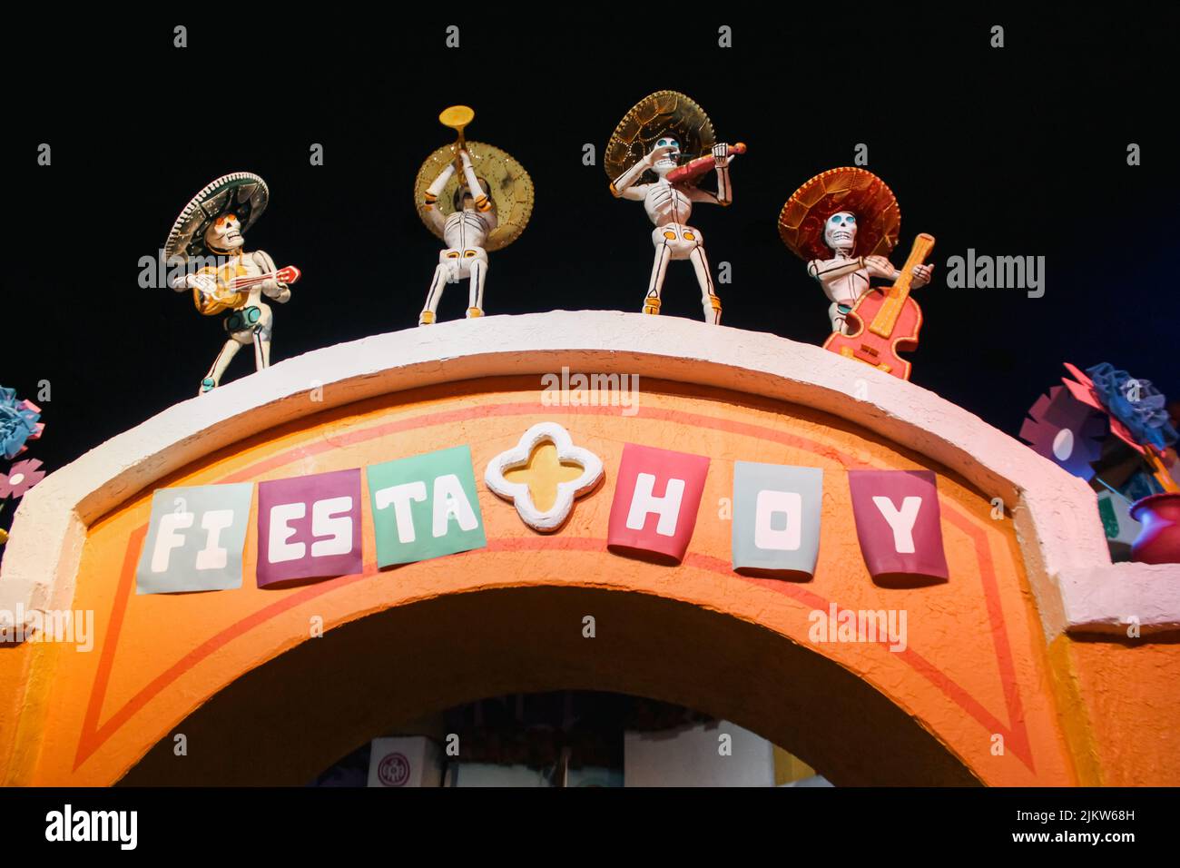 A closeup of the skeleton figures band on the arch. Walt Disney World, Magic Kingdom. Stock Photo