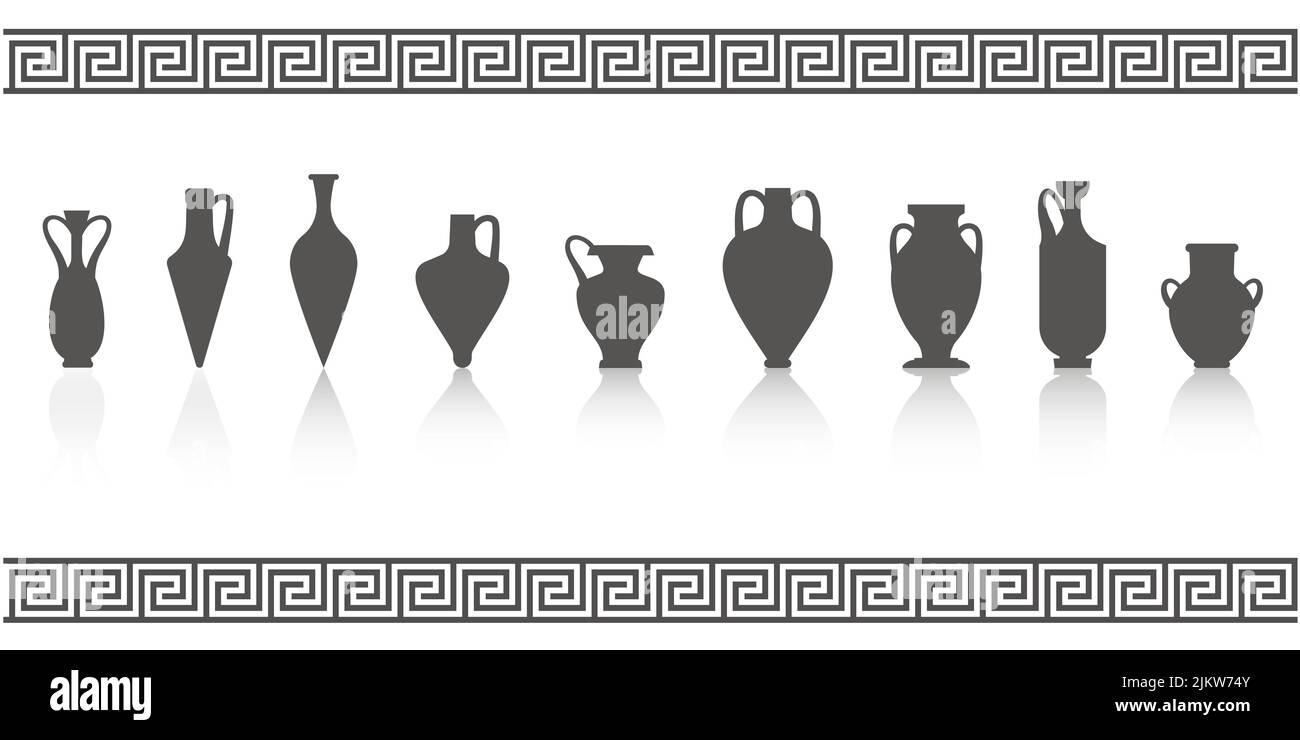 Greek vases silhouettes. Ancient amphoras and pots glyph illustration. Clay ceramic earthenware. Vector. Stock Vector