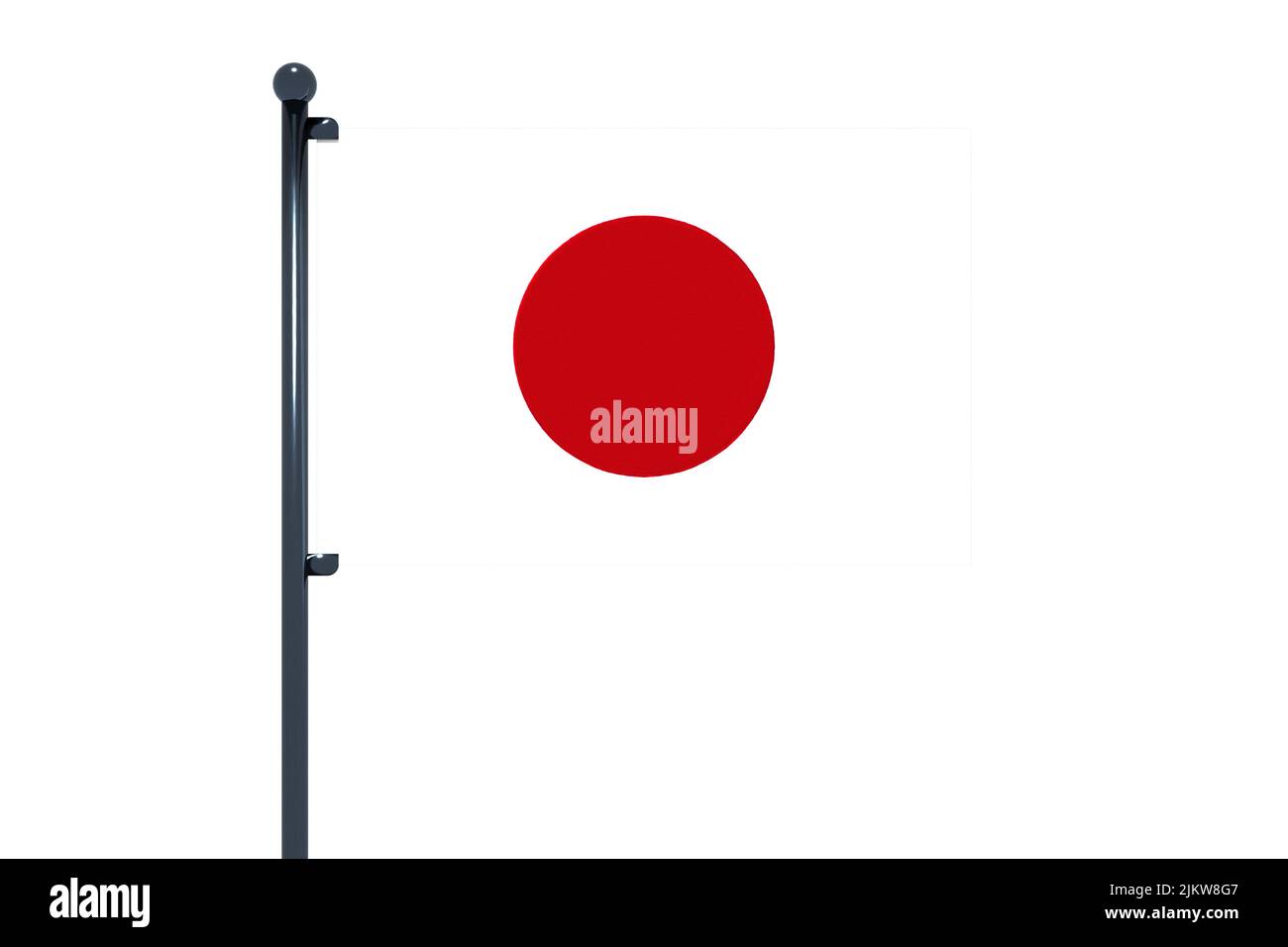 3D illustration of flag of Japan with chrome flag pole with snap hooks in blue sky straight. White background via an alpha channel of great precision. Stock Photo