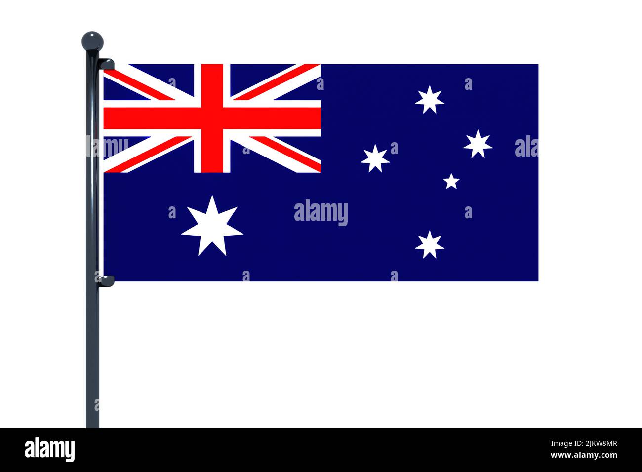 3D illustration of flag of Heard Island and McDonald Islands with chrome flag pole with snap hooks in blue sky straight. White background via an alpha Stock Photo
